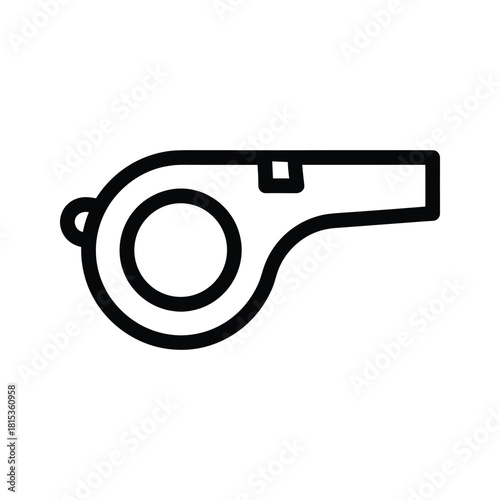 Simple black and white line icon of a sports whistle isolated on