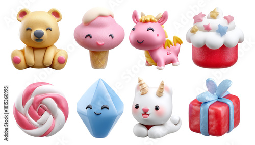 Cute 3D Glossy Candy Creatures and Treats in Pastel Colors for Fun Illustrations