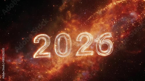 Glowing numbers "2026" in a vibrant cosmic nebula