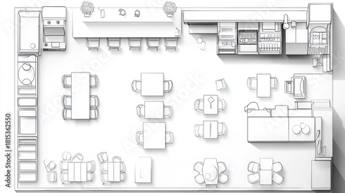 Top-down view of a cafe floor plan.  Possible use for architectural design