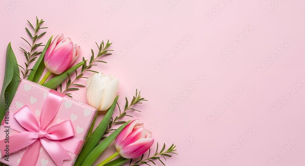 Fototapeta premium Pink gift box adorned with a satin bow and heart pattern surrounded by pink and white tulips and delicate green sprigs against a soft pastel pink backdrop Present Flower Ribbon Hearts Romantic
