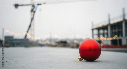 Red Christmas Ornament on Construction Site with Crane in Background and Overcast Sky