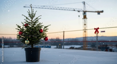 Small Christmas Tree with Decorations Near Construction Site at Sunset