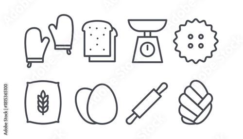 Baking, Cooking, and Bakery Ingredients Line Icon Set: Oven Mitts, Sliced Bread, Kitchen Scale, Cookie, Flour Bag, Eggs, Rolling Pin, and Braided Bread for Food, Pastry, and Homemade Goods