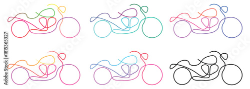 Abstract line art motorcycle illustration with vibrant color variations and a sleek modern design aesthetic