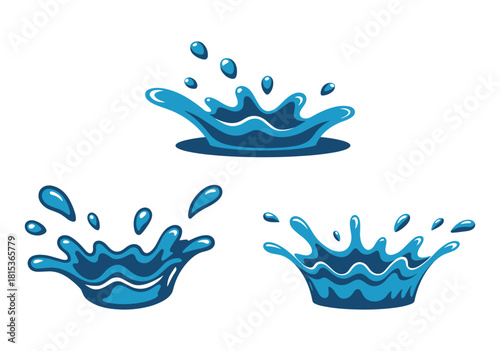 Dynamic collection of blue water splashes and drops