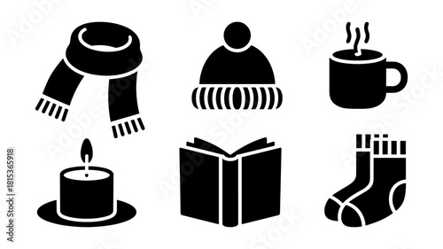 Cozy winter essentials icons for relaxation and comfort