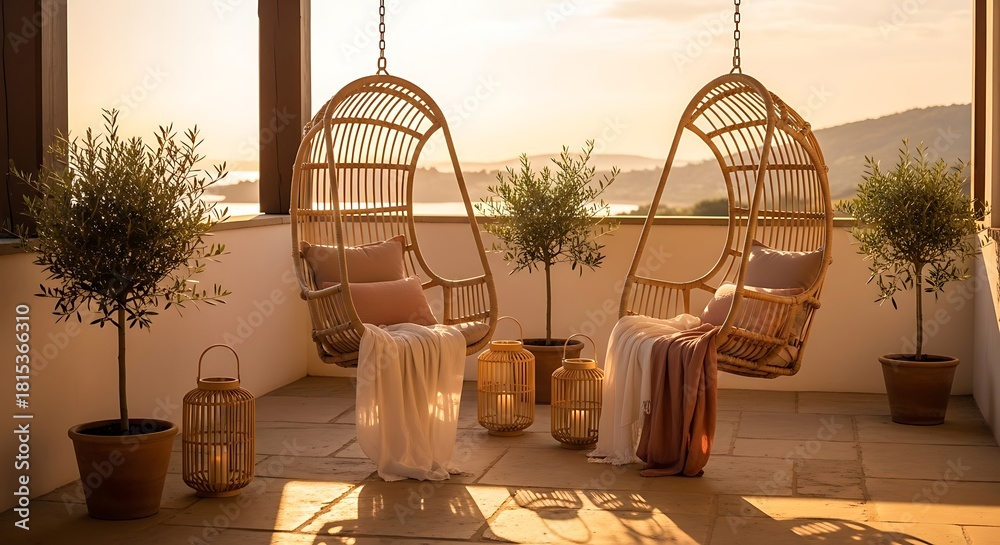 Obraz premium Cozy Balcony Seating with Hanging Chairs and Lanterns at Sunset