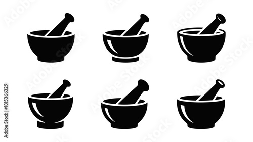 Collection of mortar and pestle icons in black silhouette