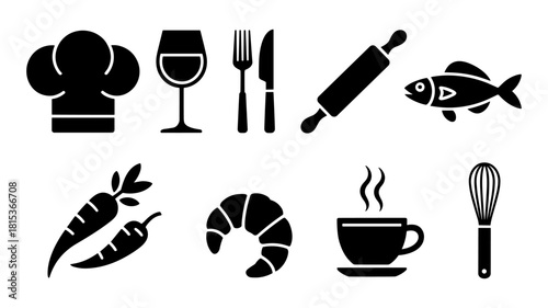 Collection of culinary icons featuring food and cooking utensils