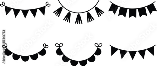 Collection of Black Decorative Bunting Flags and Tassels on White Background
