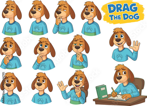 Collection of cartoon dog character expressions and actions showing emotions and activities for illustration and design