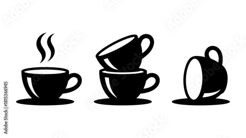 Black and white illustration of three coffee cups and saucers