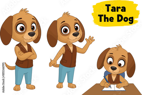 Cute cartoon dog character named tara in three different poses showing personality and actions