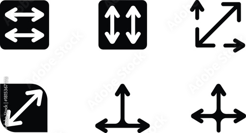 Set of Six Black Icons Representing Arrows and Movement Directions