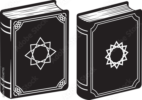 Two ornate ancient books standing side by side silhouette