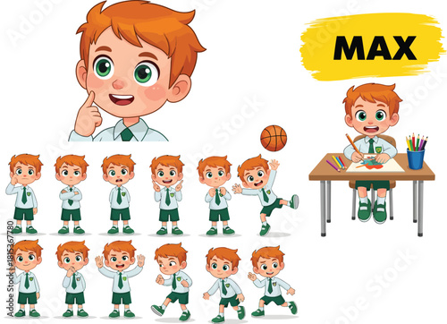Young boy named max with red hair and green eyes depicted in various poses and activities for educational or creative projects