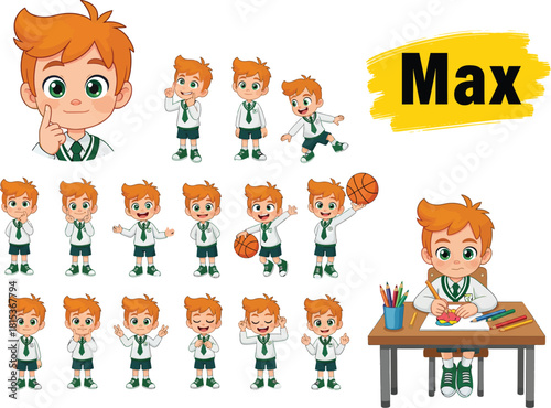 Collection of cartoon boy character max in various poses and expressions ready for animation and design projects