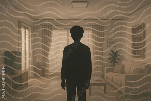 A person stands in a quiet living room while wave patterns symbolize indoor noise and vibration, capturing the feeling of subtle sound transmission in modern apartment spaces.