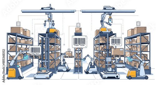 Automated warehouse with robotic arms, forklifts, and conveyor belts managing inventory and packages.