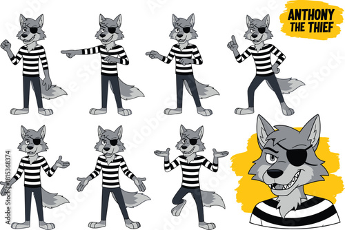 Cartoon wolf character depicting multiple poses and expressions as a bandit thief animal