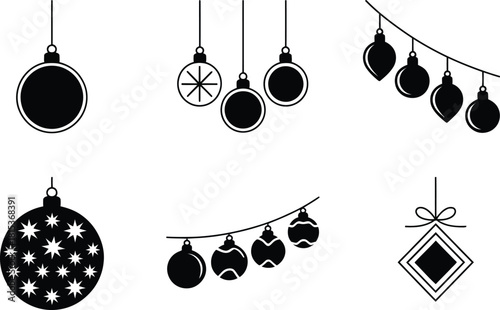 Collection of Black and White Christmas Ornaments and Decorations on White Background
