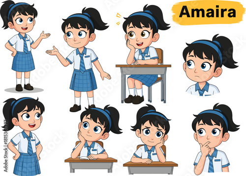 Collection of cartoon illustrations of a young schoolgirl named amaira in various poses and expressions for educational or creative projects