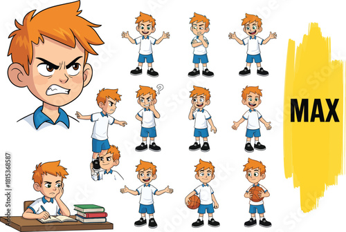 Young boy character set featuring different emotions and poses for educational or storytelling purposes
