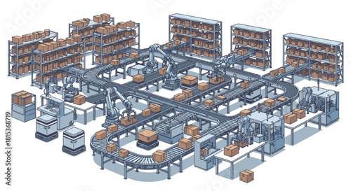 Automated warehouse with robotic arms and conveyor belts efficiently sorting and moving packages.