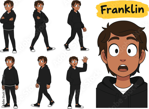 Young boy named franklin in various poses and a close up portrait showing surprise and wonder