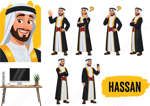 Collection of diverse poses and expressions of a smiling arab man in traditional clothing with office desk and computer illustration