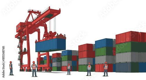 Industrial gantry crane lifting a shipping container in a busy port terminal with dockworkers.