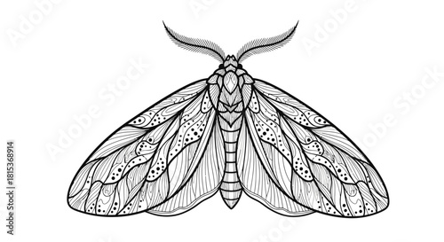 Detailed black and white illustration of a moth
