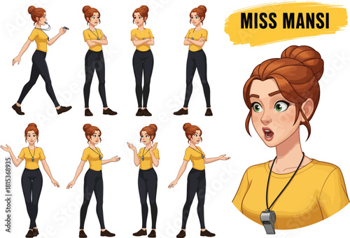 Young woman character design collection featuring multiple poses and a portrait illustration