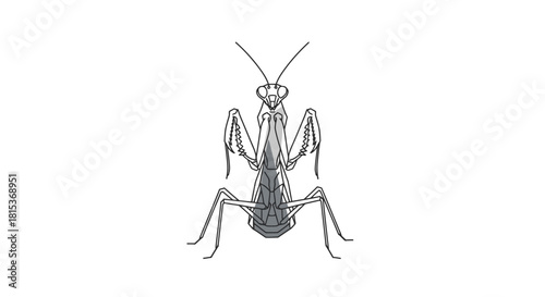 Detailed black and white illustration of a praying mantis