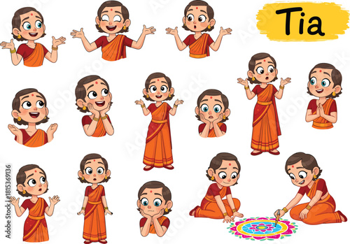Collection of animated cartoon characters depicting a young girl named tia in various poses and activities