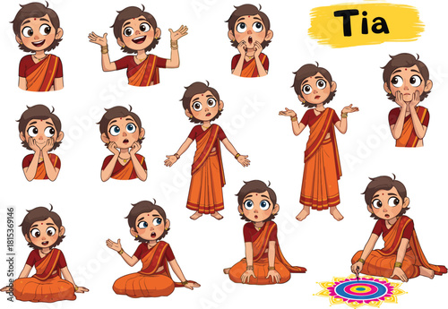 Collection of cute cartoon girl illustrations depicting various emotions and actions in traditional indian attire