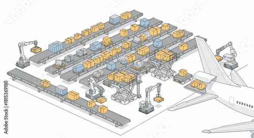 Illustration of an automated cargo loading system for an airplane.
