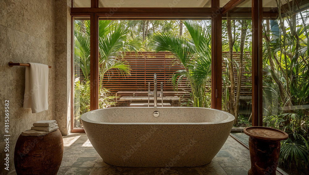 Fototapeta premium Serene spa bathroom featuring a stone bathtub tranquil atmosphere