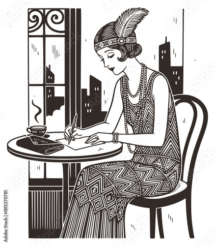 Vintage sketch of a 1920s flapper woman writing a letter at a cafe table with coffee and city skyline view. Retro Art Deco illustration of a stylish lady, feather headband, and long beaded dress.