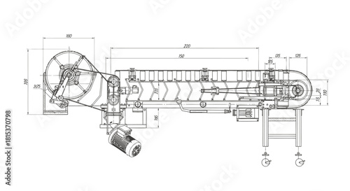 Top-down schematic diagram of an industrial conveyor belt system with detailed dimensions.