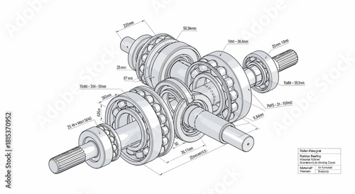 Exploded view of a bicycle bottom bracket with dimensions.