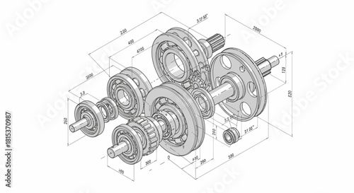 Detailed exploded view of a complex industrial gearbox assembly showing internal components and dimensions.