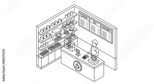 Isometric cafe interior with counter menu and staff member monochrome illustration