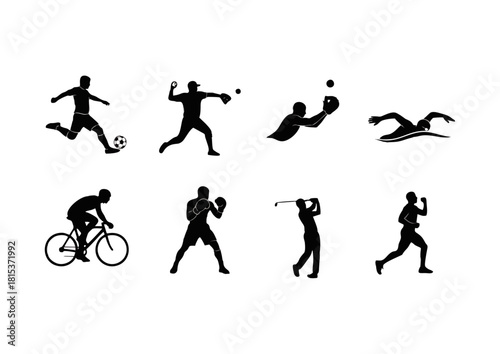 A versatile collection of black silhouettes representing various athletes engaged in different sporting activities