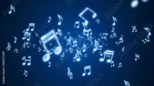 Abstract glowing music notes symphony, sound of melody and harmony, note rhythm clef audio, evoking wonder and creativity in dark blue space