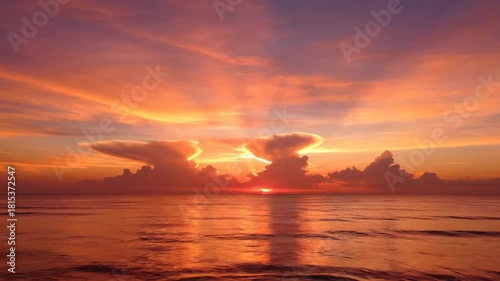 Vibrant Sunset Ocean Sea Water Sky Cloud Sun Light Fiery Hues Peaceful Mood Tranquil Glow Serene Beach Reflecting Light