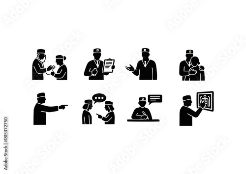 Medical Staff and Patient Communication Pictogram Black Icons