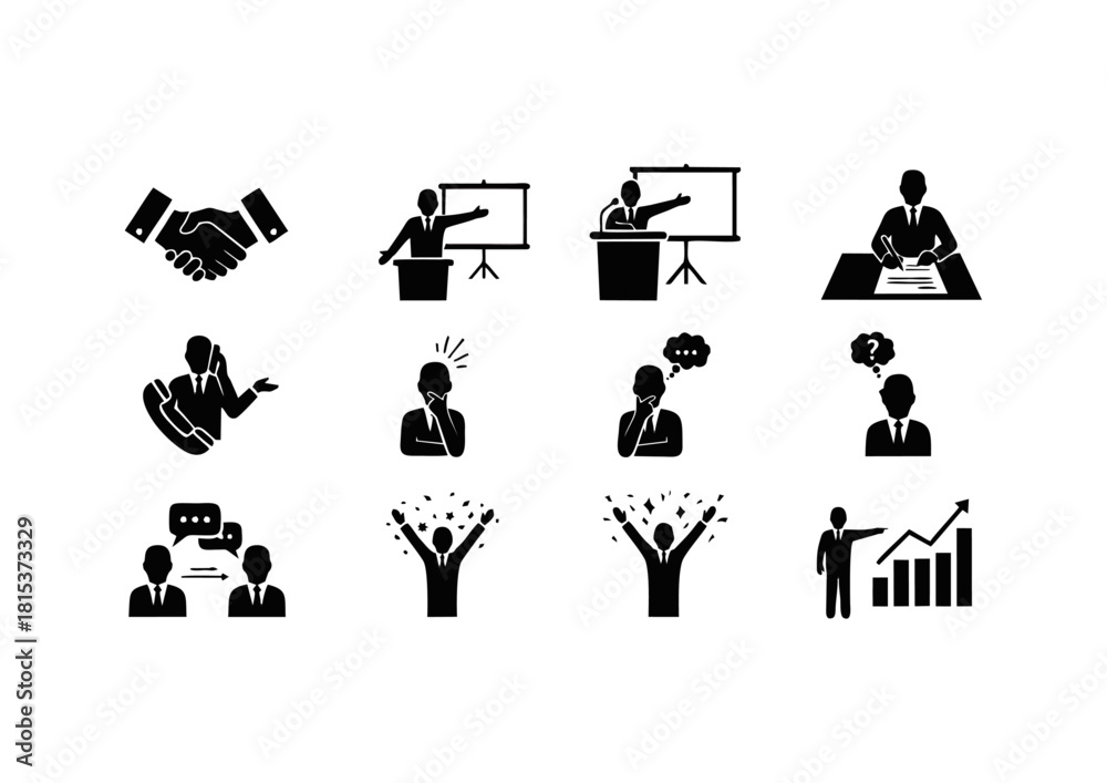 Fototapeta premium A comprehensive set of flat vector icons depicting various business concepts like meetings, presentations, negotiation, and success