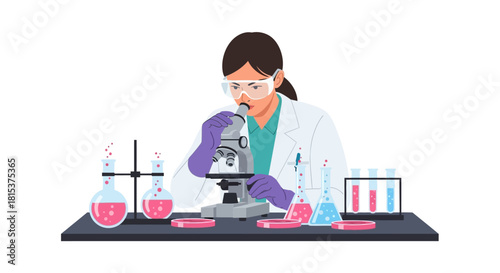 Female scientist examining a sample through a microscope in a laboratory setting with various scientific equipment.